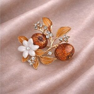 Orange Floral Gold Brooch